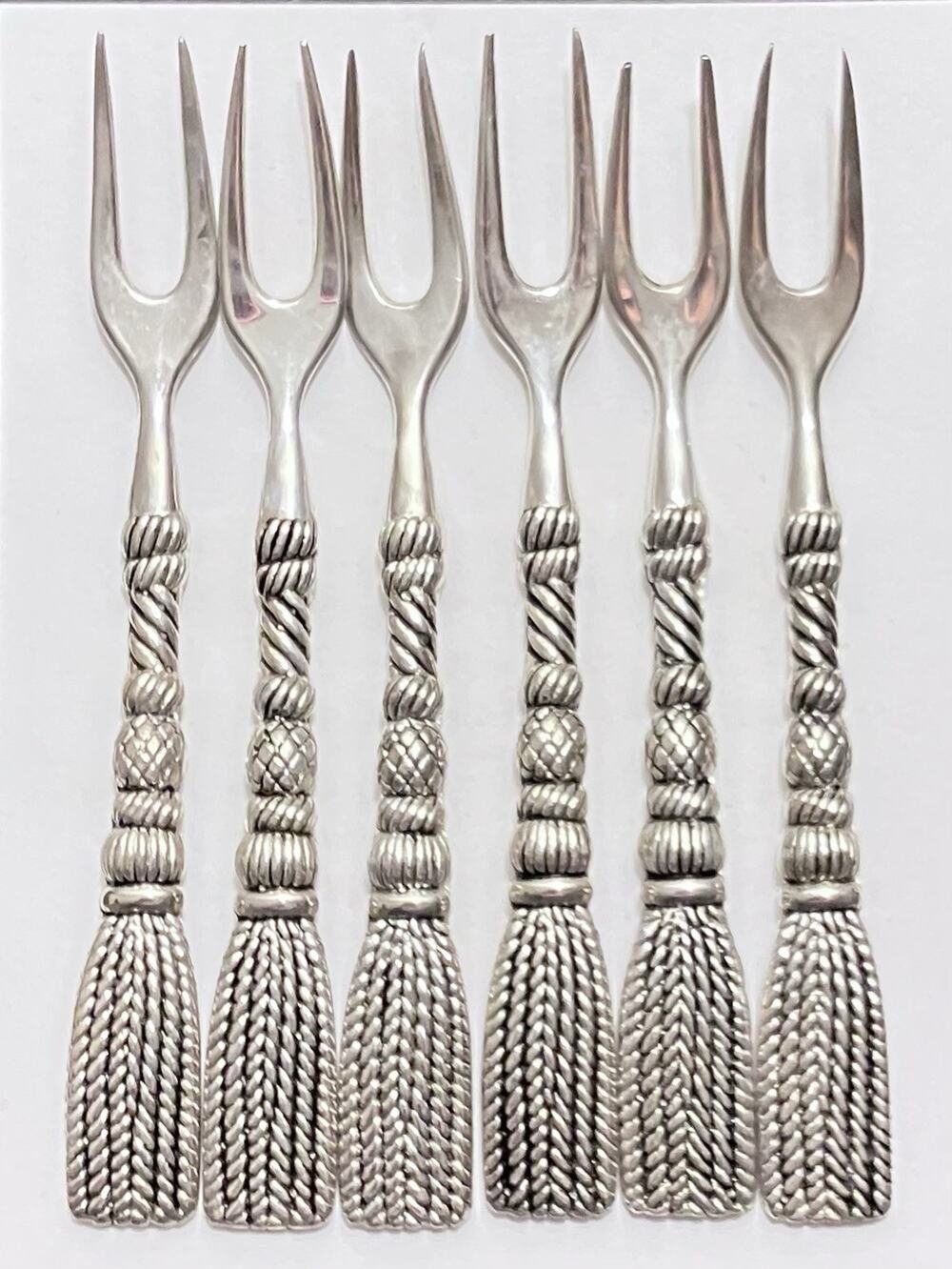 Vintage Silea Silver Plate Set Of 6 Appetizer Olive Fork Rope & Tassel FRANCE